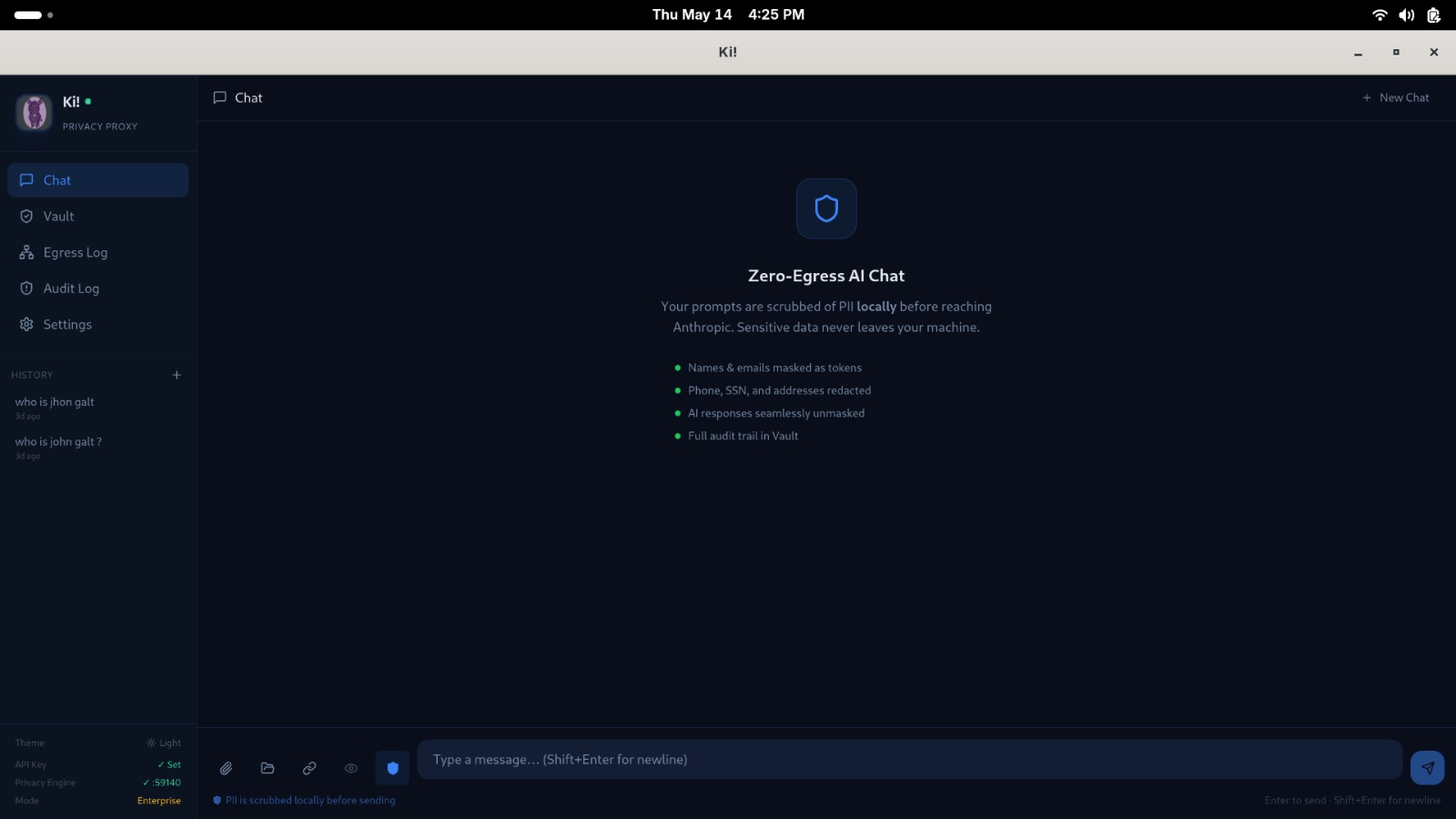 Ki! desktop — chat window showing PII masking in action